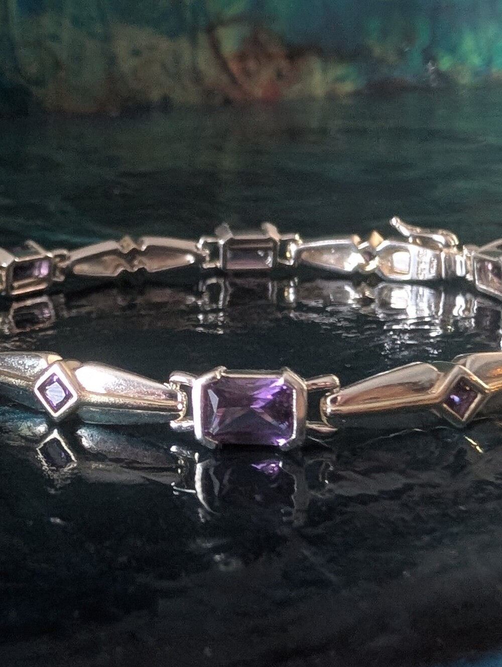 Art Deco Style Sterling Silver Amethyst Tennis Bracelet With Gold Accents